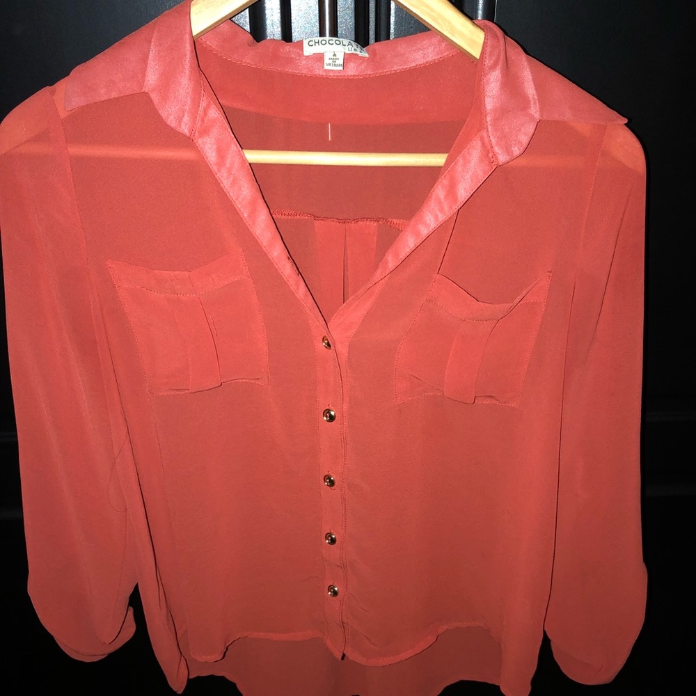 *Burnt Orange sheer button down blouse*